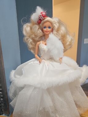 Blonde Holiday Ball Gown Doll in White Fur-Trim Dress